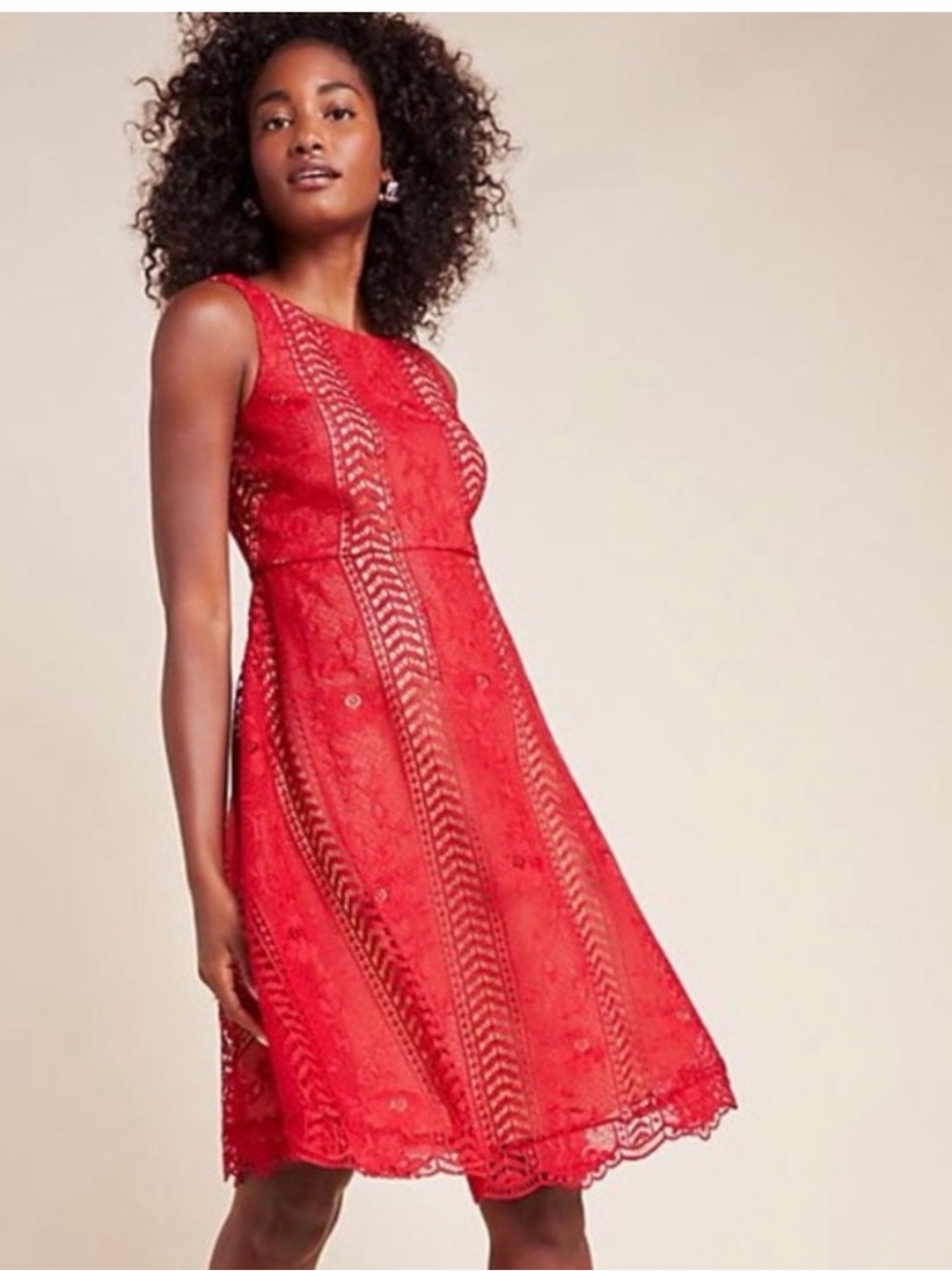 NWT - anthropology Red Lace Fit-and-Flare Dress - Women's Elegant Cocktail Dress
